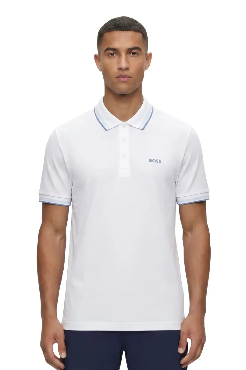 HUGO BOSS Men Paddy Organic-Cotton Regular Fit Polo Shirt in White/Blue with Contrast Logo Details 1