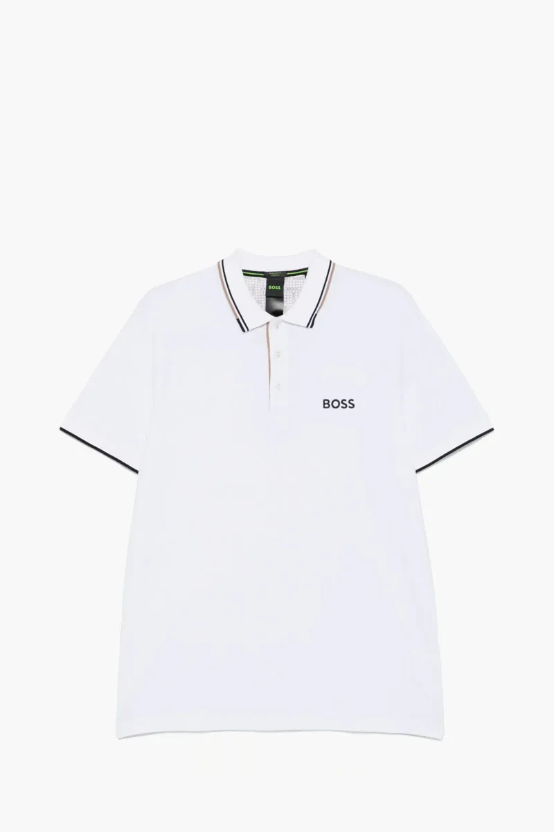 HUGO BOSS Men Contrast Logo Polo Shirt in White/Black/Brown Cotton Blend 0