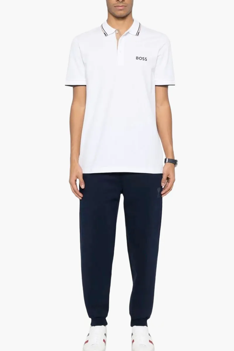 HUGO BOSS Men Contrast Logo Polo Shirt in White/Black/Brown Cotton Blend 1