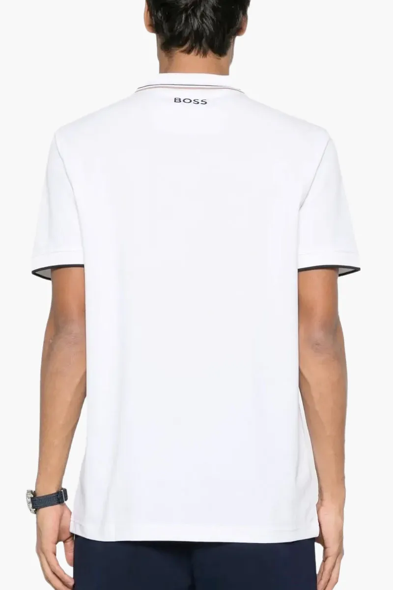 HUGO BOSS Men Contrast Logo Polo Shirt in White/Black/Brown Cotton Blend 2