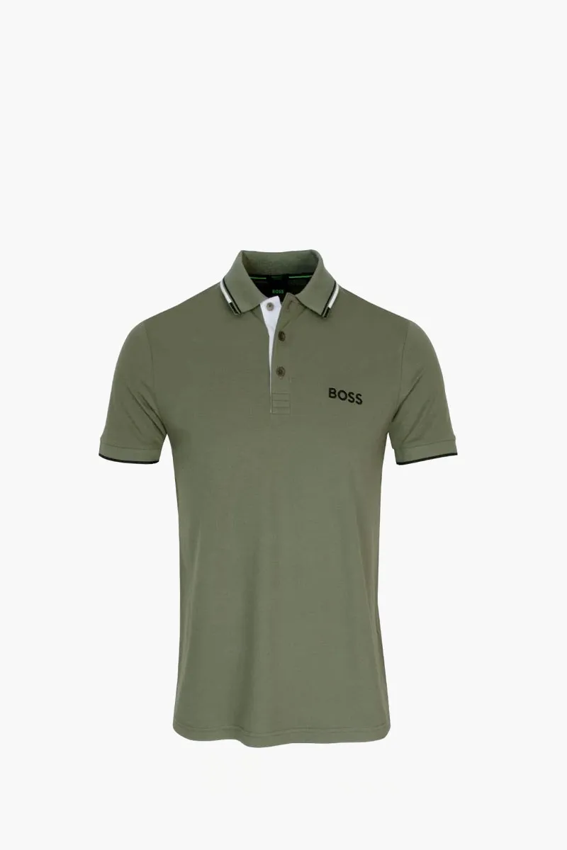 HUGO BOSS Men Contrast Logo Polo Shirt in Olive Green/Black/White Cotton Blend 0