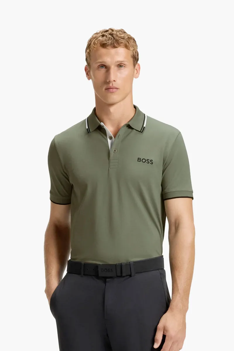 HUGO BOSS Men Contrast Logo Polo Shirt in Olive Green/Black/White Cotton Blend 1