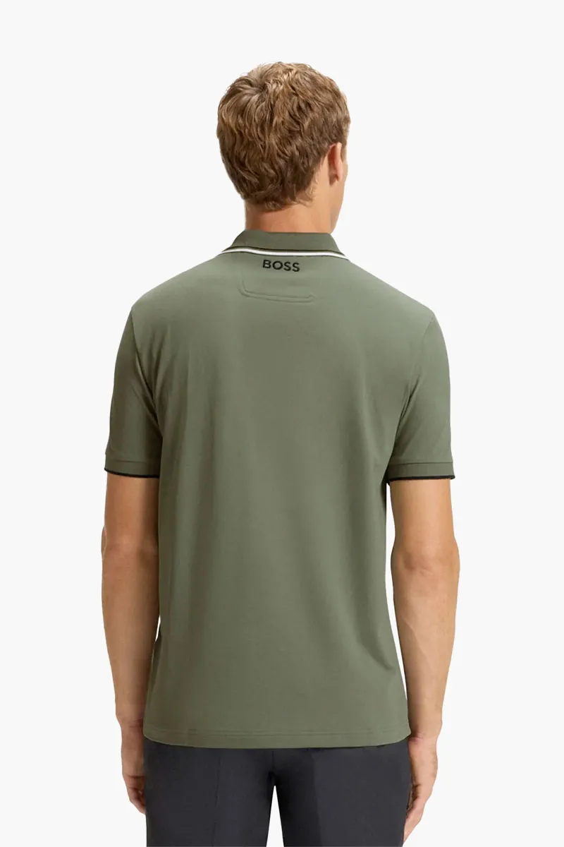 HUGO BOSS Men Contrast Logo Polo Shirt in Olive Green/Black/White Cotton Blend 2