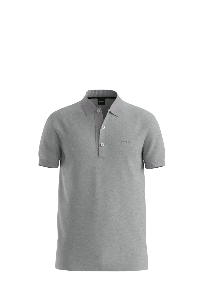 HUGO BOSS Men Paule 4 Stripe Detal Slim Fit Polo Shirt in Light Grey/Black Cotton Pique with Tonal Logo 0