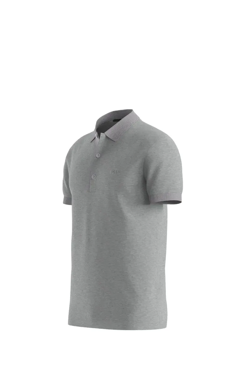 HUGO BOSS Men Paule 4 Stripe Detal Slim Fit Polo Shirt in Light Grey/Black Cotton Pique with Tonal Logo 2