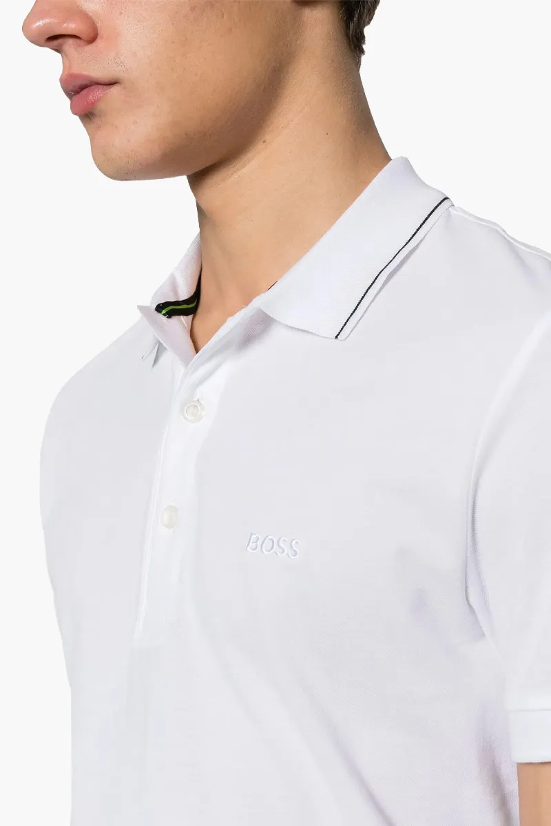 HUGO BOSS Men Paule 4 Stripe Detal Slim Fit Polo Shirt in White/Black Cotton Pique with Tonal Logo 3