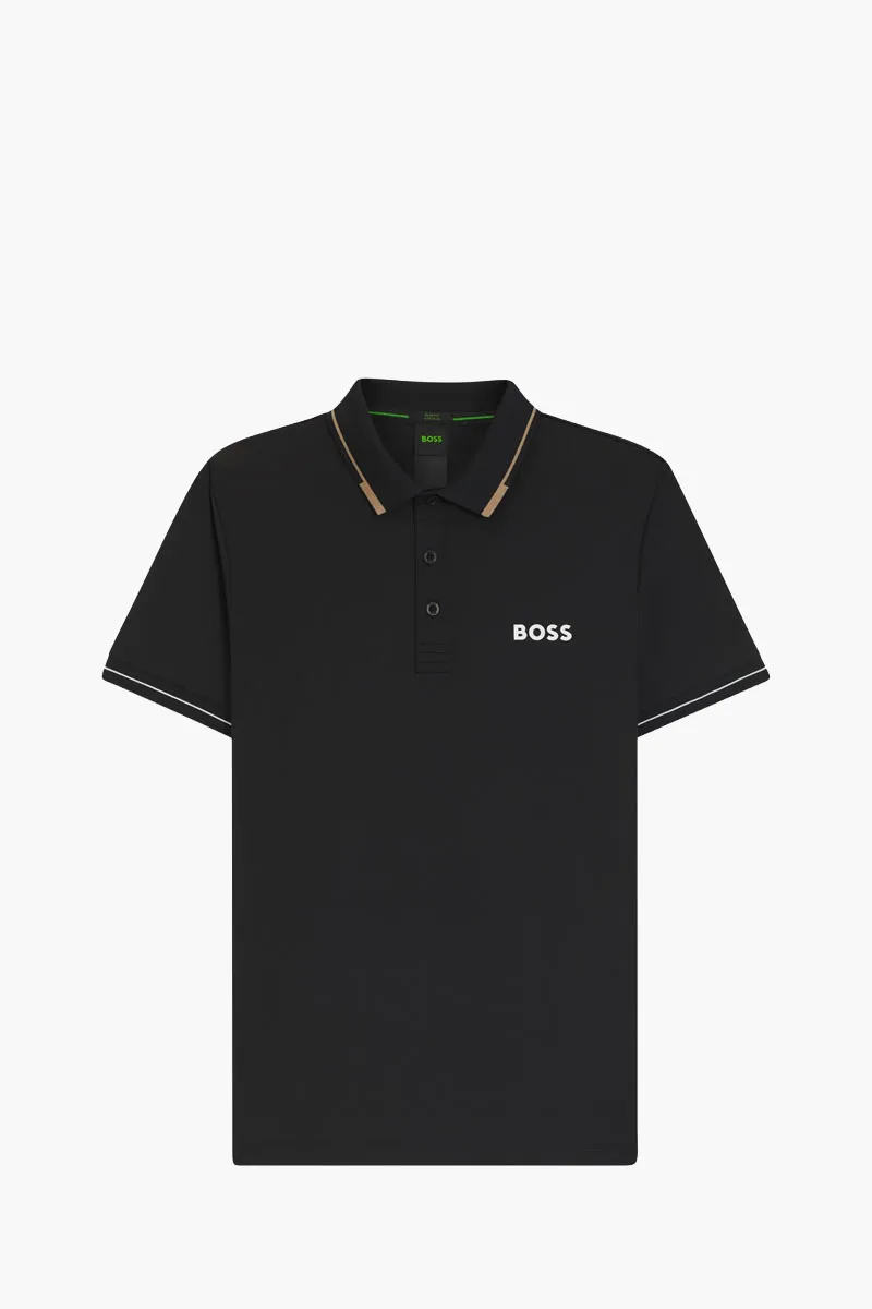 HUGO BOSS Men Paul Pro Slim-Fit Polo Shirt in Black/Brown/White Polyester with Contrast Logo 0