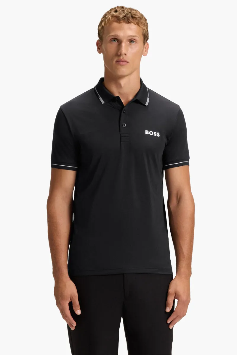HUGO BOSS Men Paul Pro Slim-Fit Polo Shirt in Black/Brown/White Polyester with Contrast Logo 1