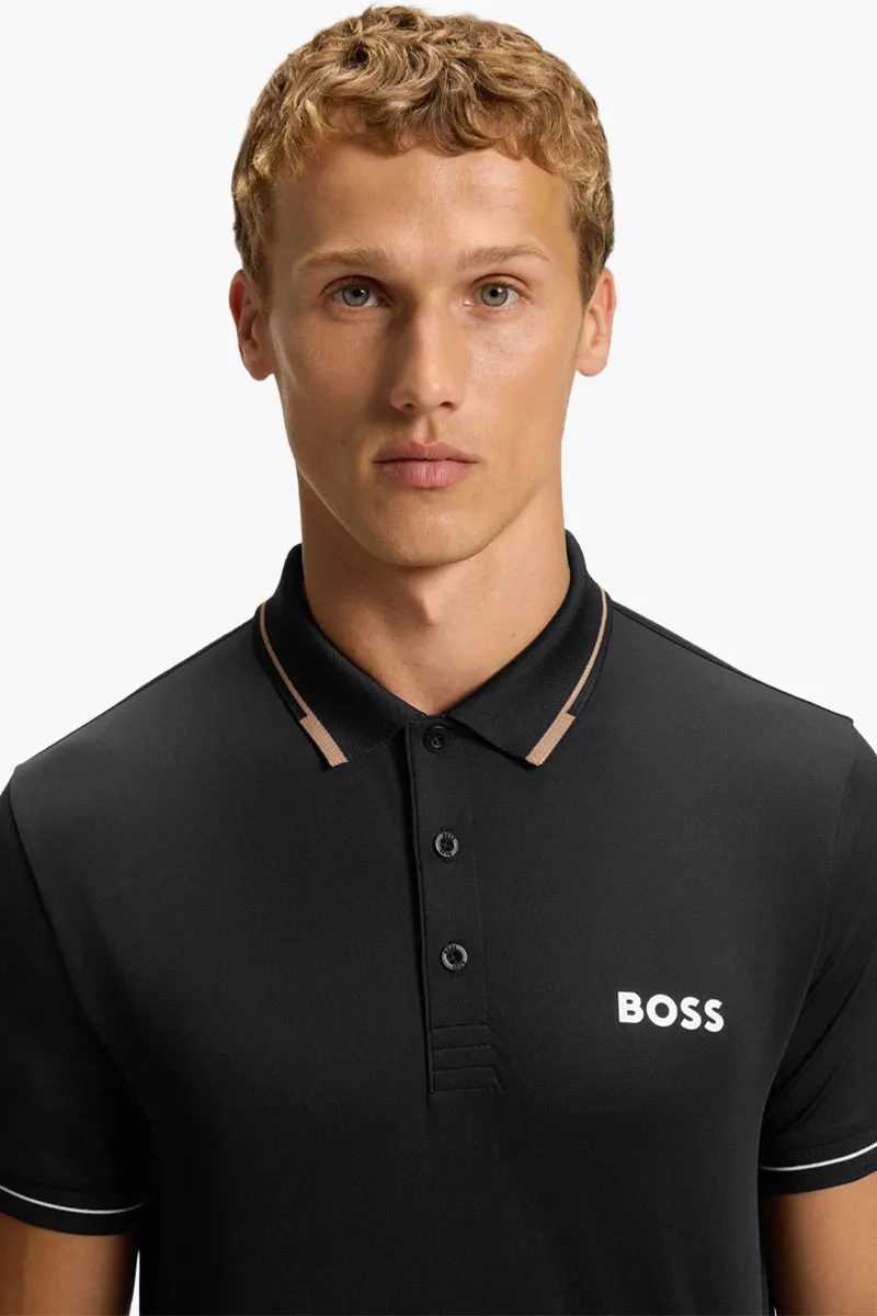 HUGO BOSS Men Paul Pro Slim-Fit Polo Shirt in Black/Brown/White Polyester with Contrast Logo 3