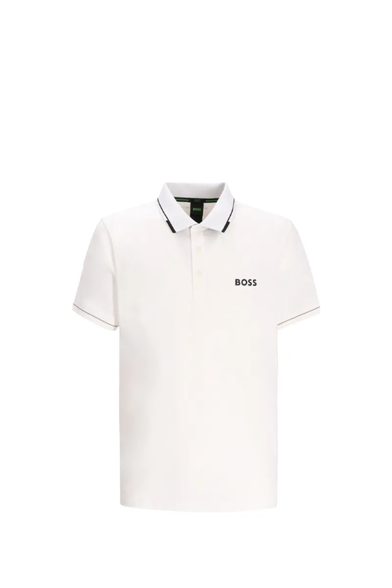 HUGO BOSS Men Paul Pro Slim-Fit Polo Shirt in Natural White/Black Polyester with Contrast Logo 0