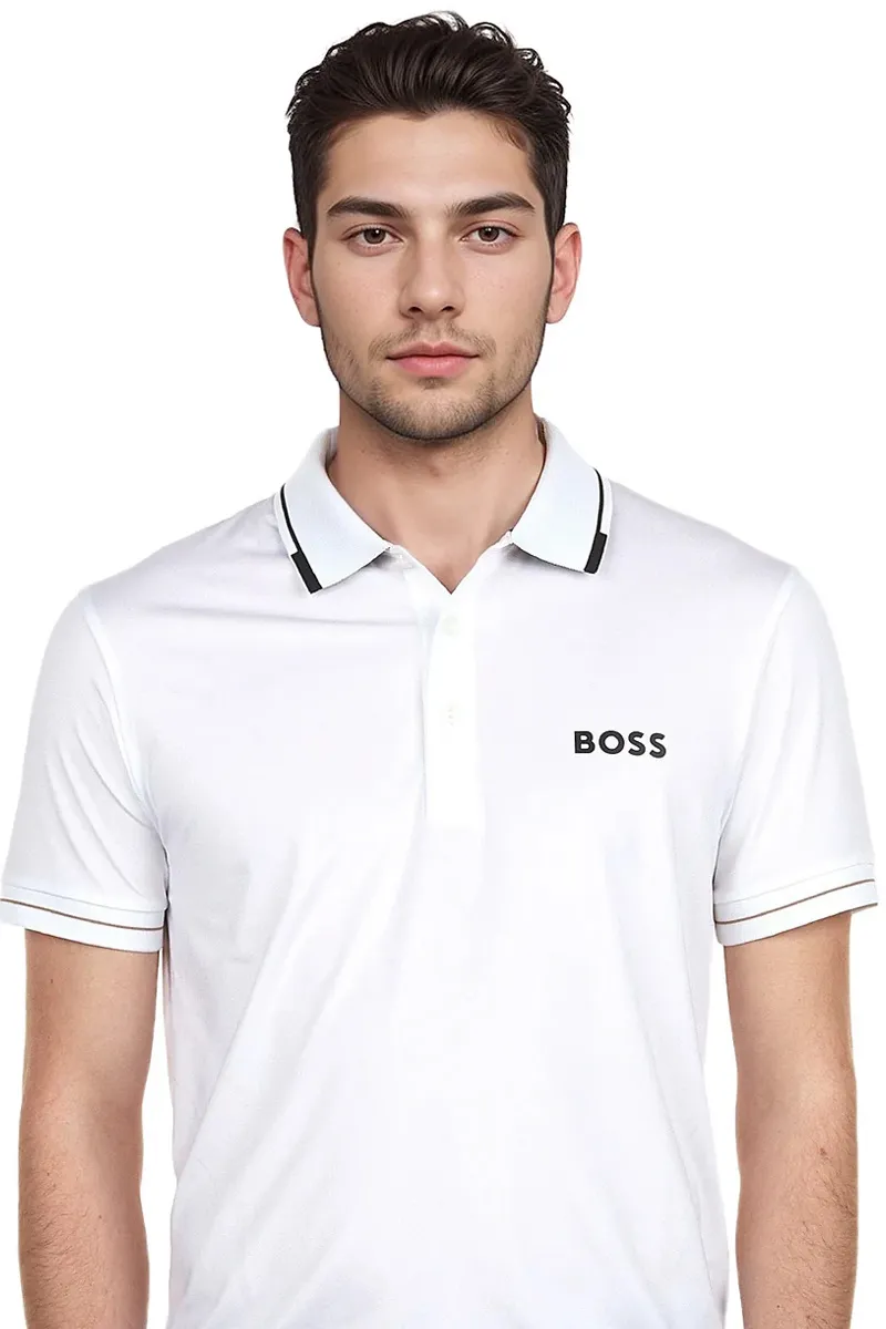 HUGO BOSS Men Paul Pro Slim-Fit Polo Shirt in Natural White/Black Polyester with Contrast Logo 1