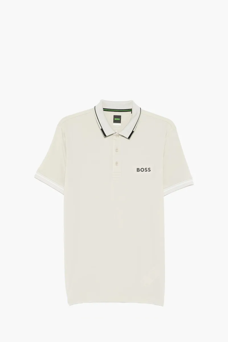 HUGO BOSS Men Paul Pro Slim-Fit Polo Shirt in Light Beige/Black Polyester with Contrast Logo 0