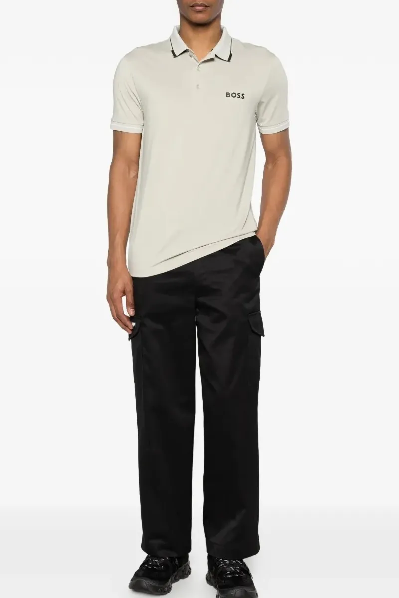 HUGO BOSS Men Paul Pro Slim-Fit Polo Shirt in Light Beige/Black Polyester with Contrast Logo 1