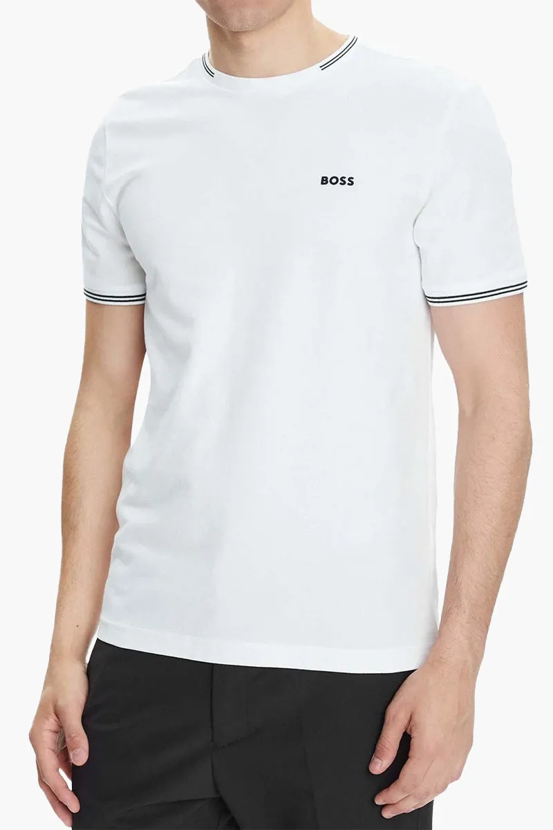 HUGO BOSS Men Taul Stretch Cotton T-Shirt in White/Black with Stripes and Logo 1