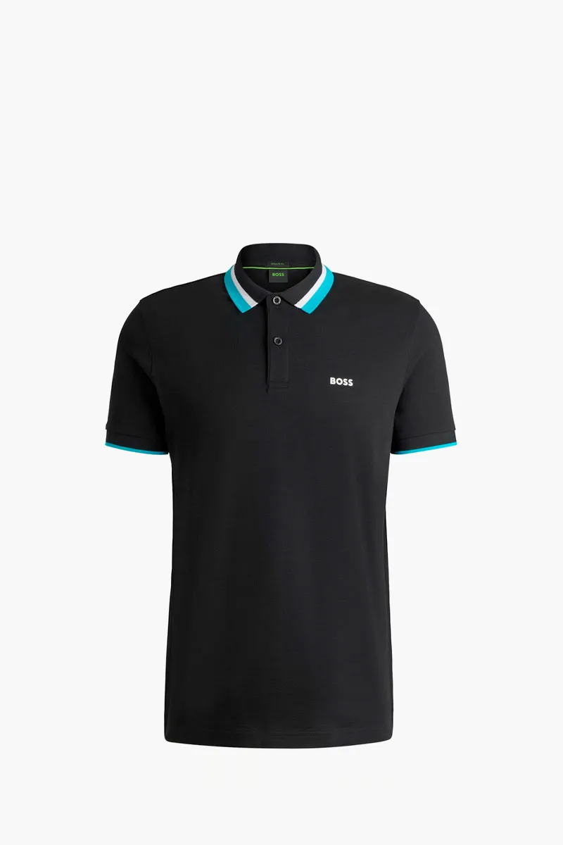 HUGO BOSS Men Paddy Active Regular Fit Polo Shirt in Black Cotton with Contrast Stripes 0