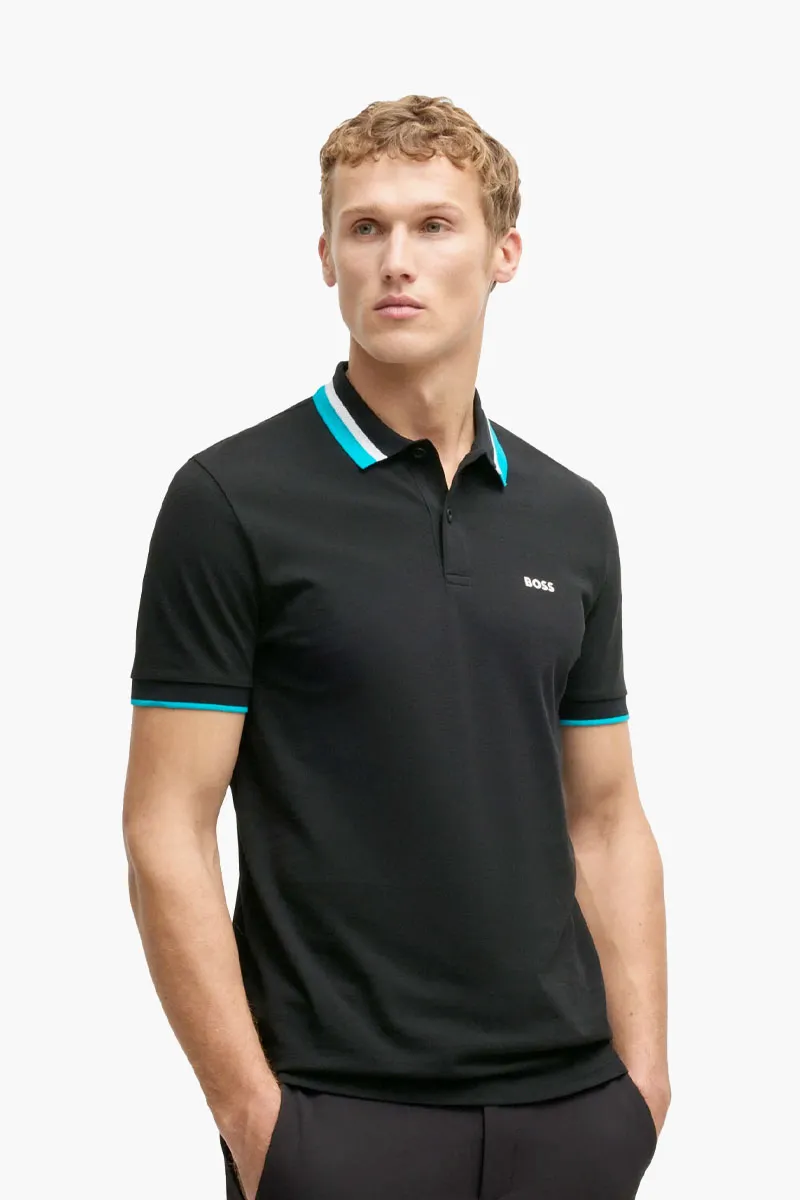 HUGO BOSS Men Paddy Active Regular Fit Polo Shirt in Black Cotton with Contrast Stripes 1