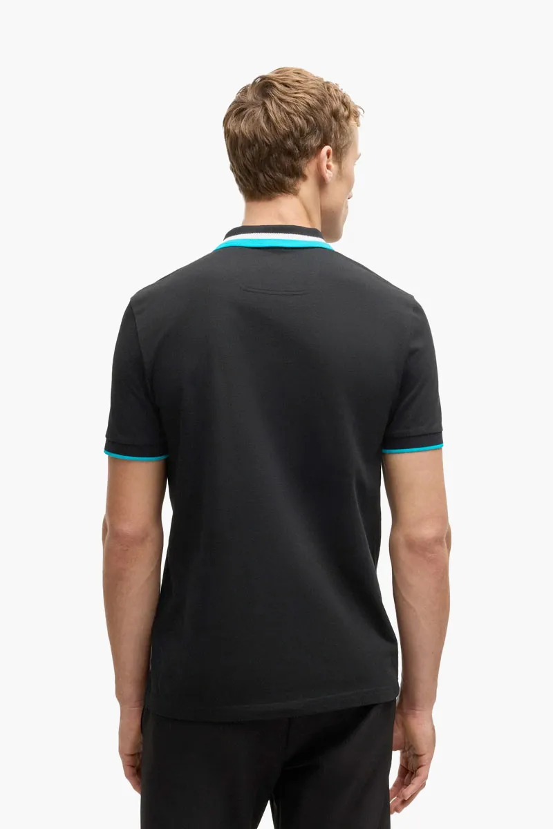 HUGO BOSS Men Paddy Active Regular Fit Polo Shirt in Black Cotton with Contrast Stripes 2