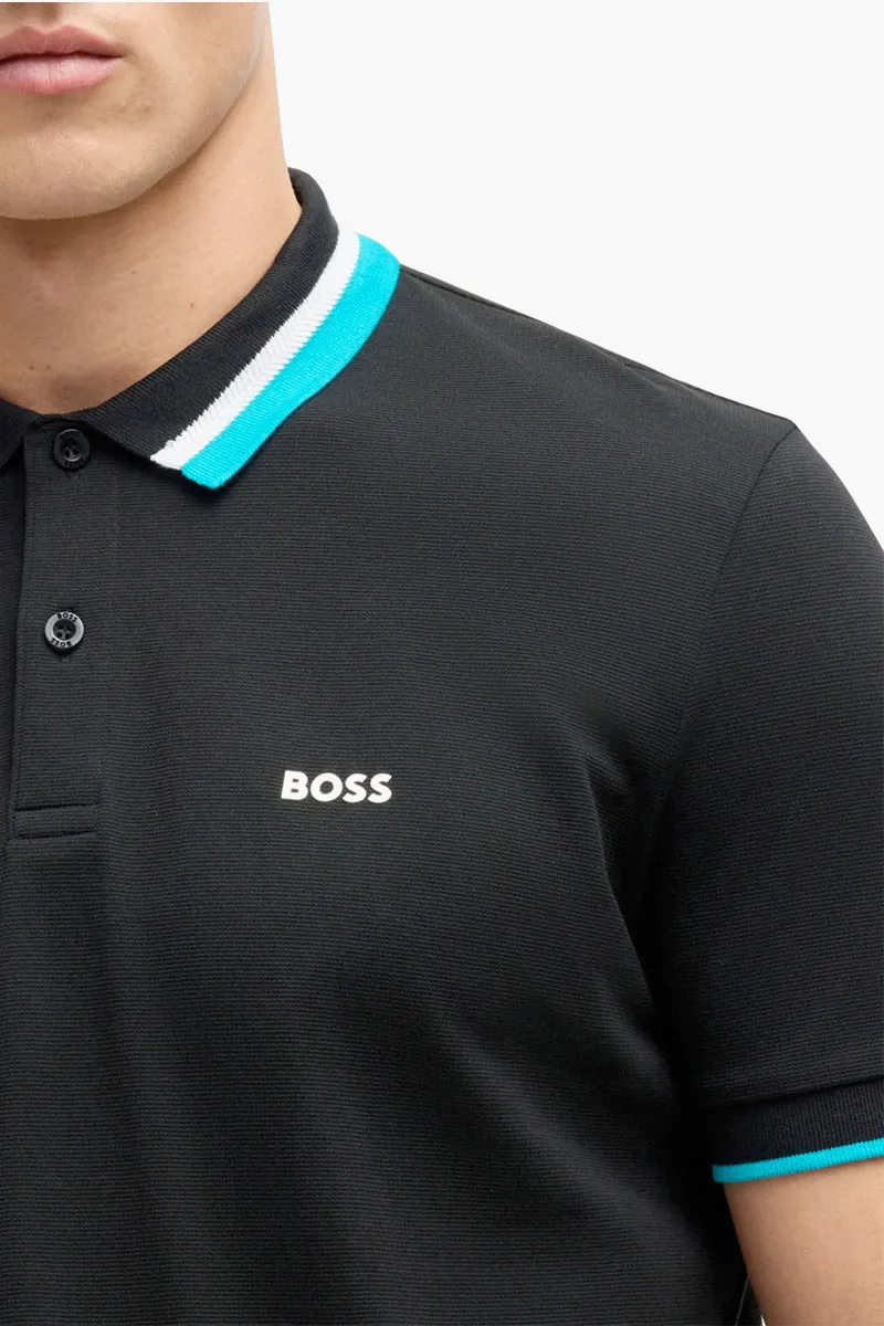 HUGO BOSS Men Paddy Active Regular Fit Polo Shirt in Black Cotton with Contrast Stripes 3