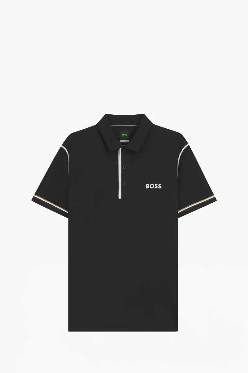 HUGO BOSS Men Paddy Active Golf Polo Shirt in Black Ripstop Fabric 0