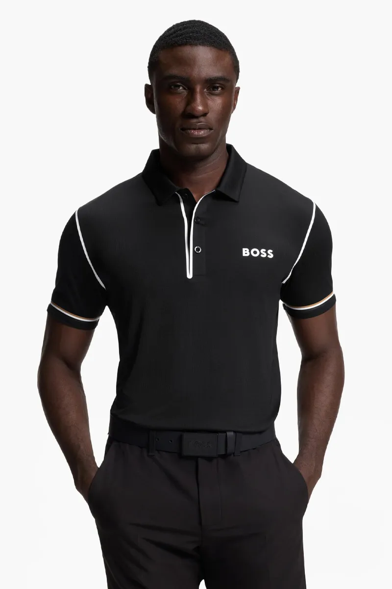 HUGO BOSS Men Paddy Active Golf Polo Shirt in Black Ripstop Fabric 1