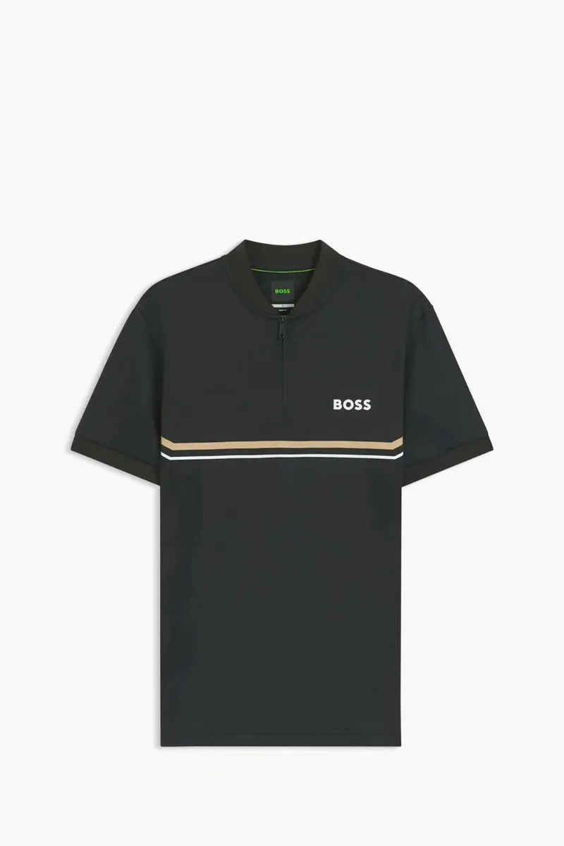 HUGO BOSS Men Toc Quarter Zip Slim Fit Polo Shirt in Black/Beige/White Polyester 0
