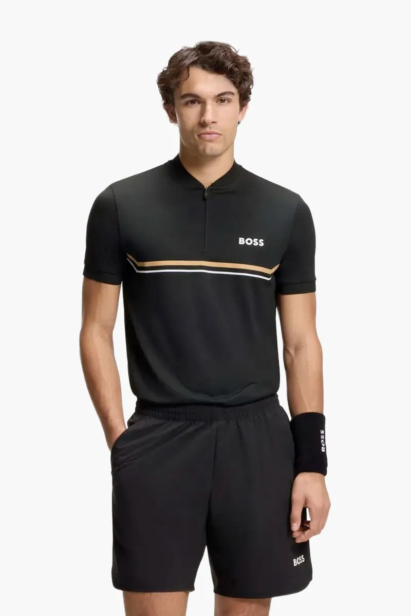 HUGO BOSS Men Toc Quarter Zip Slim Fit Polo Shirt in Black/Beige/White Polyester 1