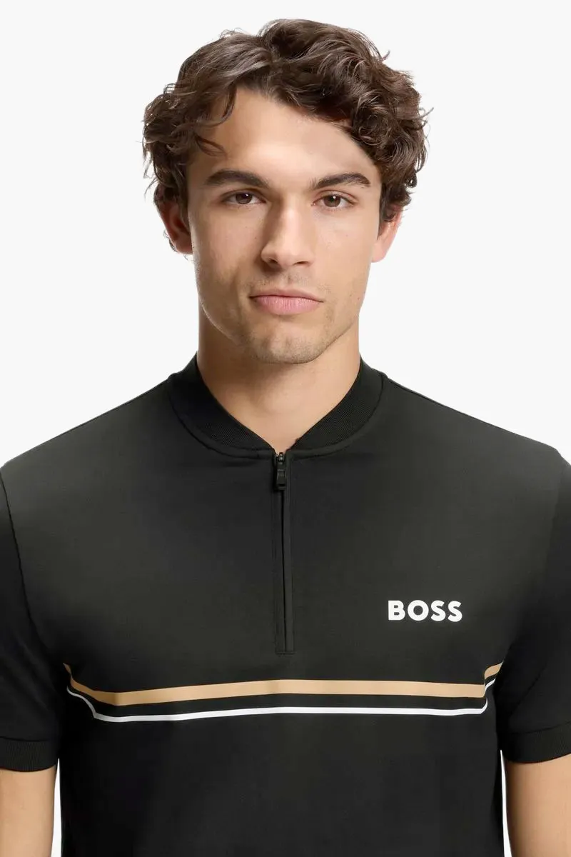HUGO BOSS Men Toc Quarter Zip Slim Fit Polo Shirt in Black/Beige/White Polyester 3