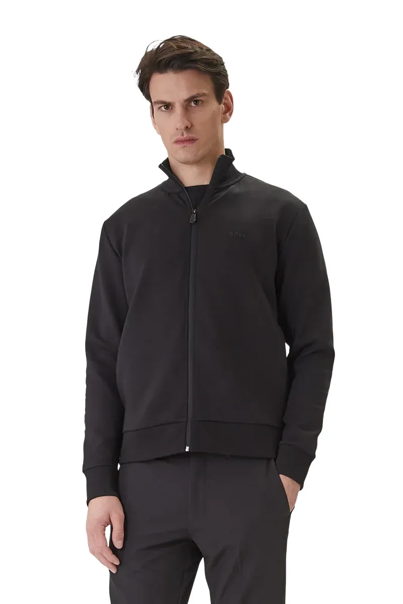 HUGO BOSS Men Skaz Zip-Up Sweatshirt in Black Cotton Stretch with Logo Print 1