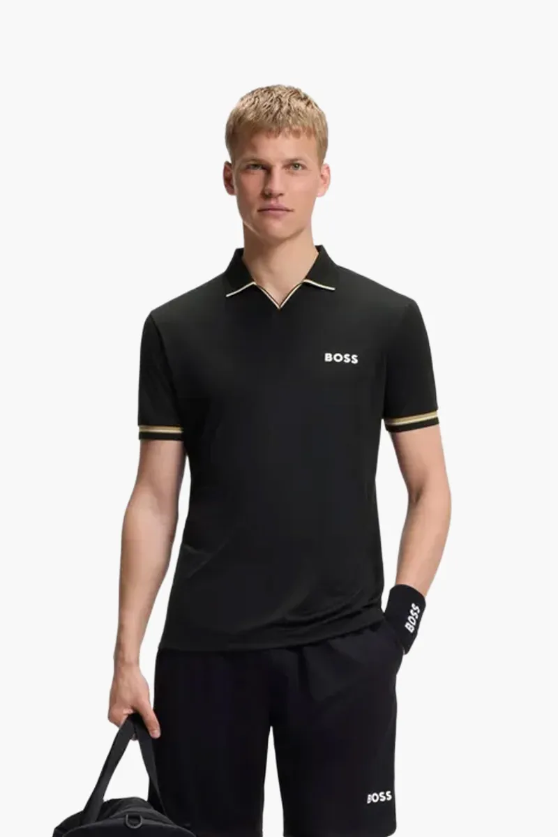 HUGO BOSS Men TOC Serve 2 Active Slim Fit Polo Shirt in Black Polyester with Signature-Stripe Details 2