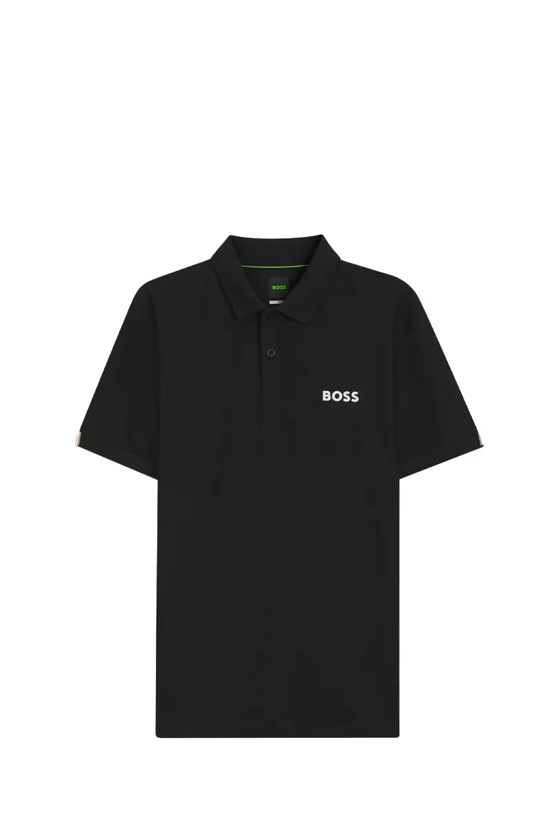 HUGO BOSS Men Active Stripe-Jersey Slim Fit Polo Shirt in Black Polyester with Four-Way Stretch 0