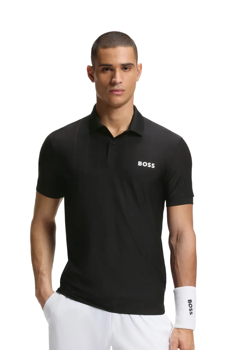 HUGO BOSS Men Active Stripe-Jersey Slim Fit Polo Shirt in Black Polyester with Four-Way Stretch 1