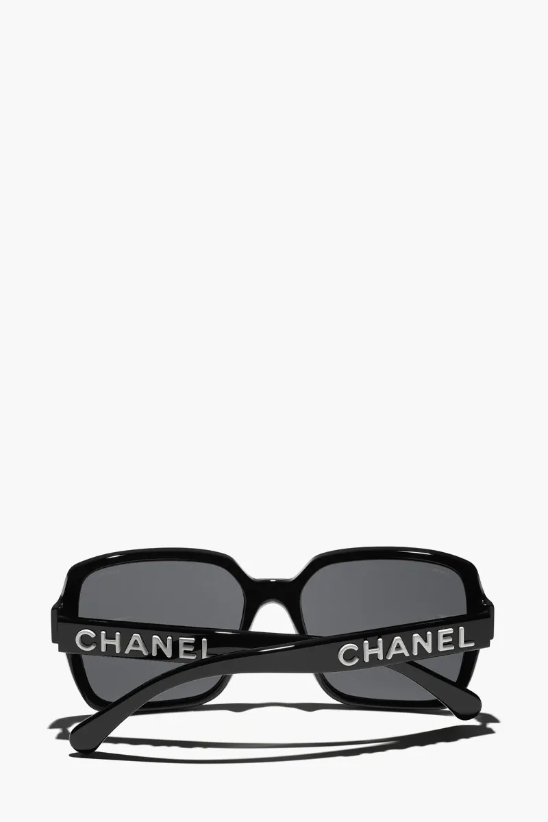 CHANEL Square Sunglasses in Black/Grey/White Acetate with Logo 3