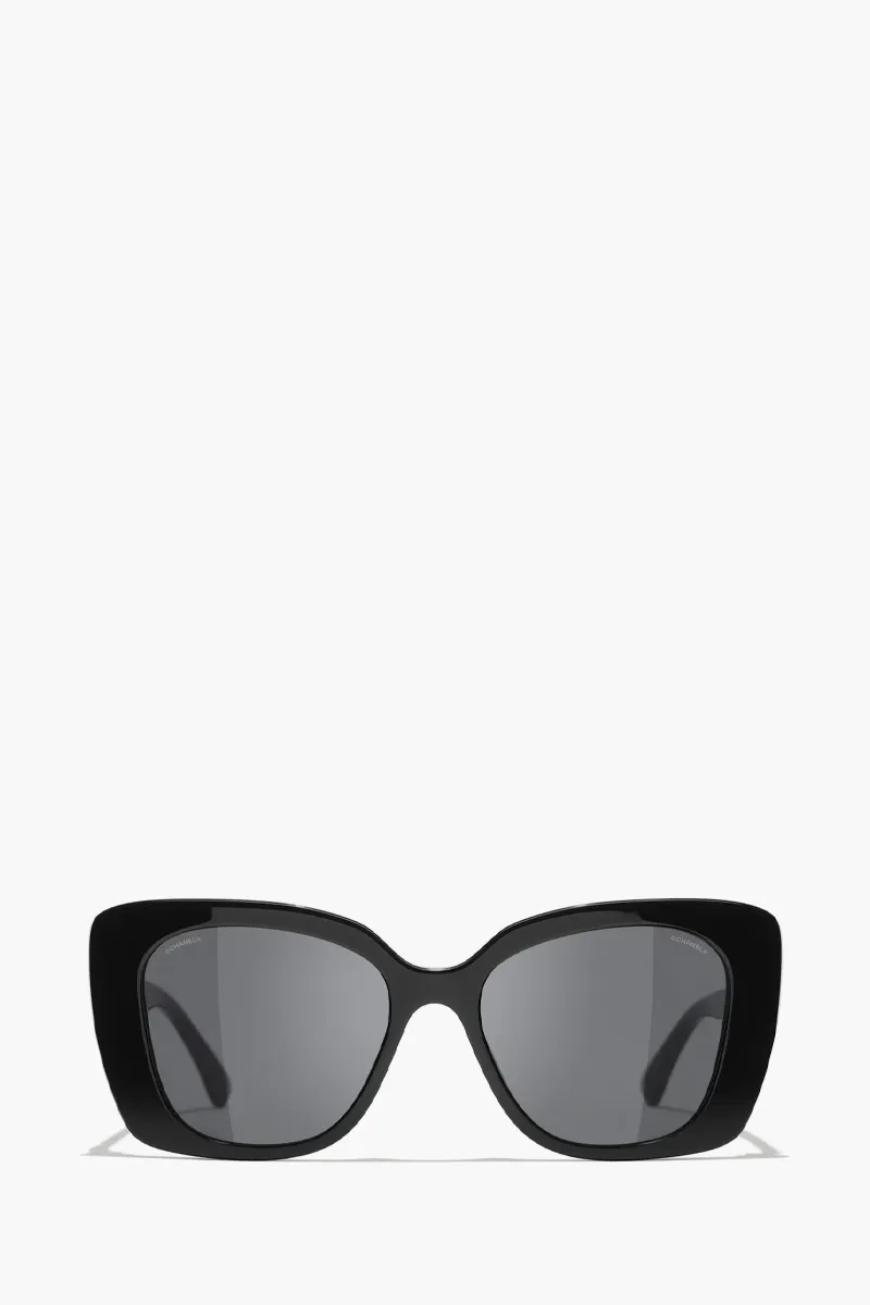 CHANEL Square Sunglasses in Black/Grey Acetate with Rhinestone Logo 0
