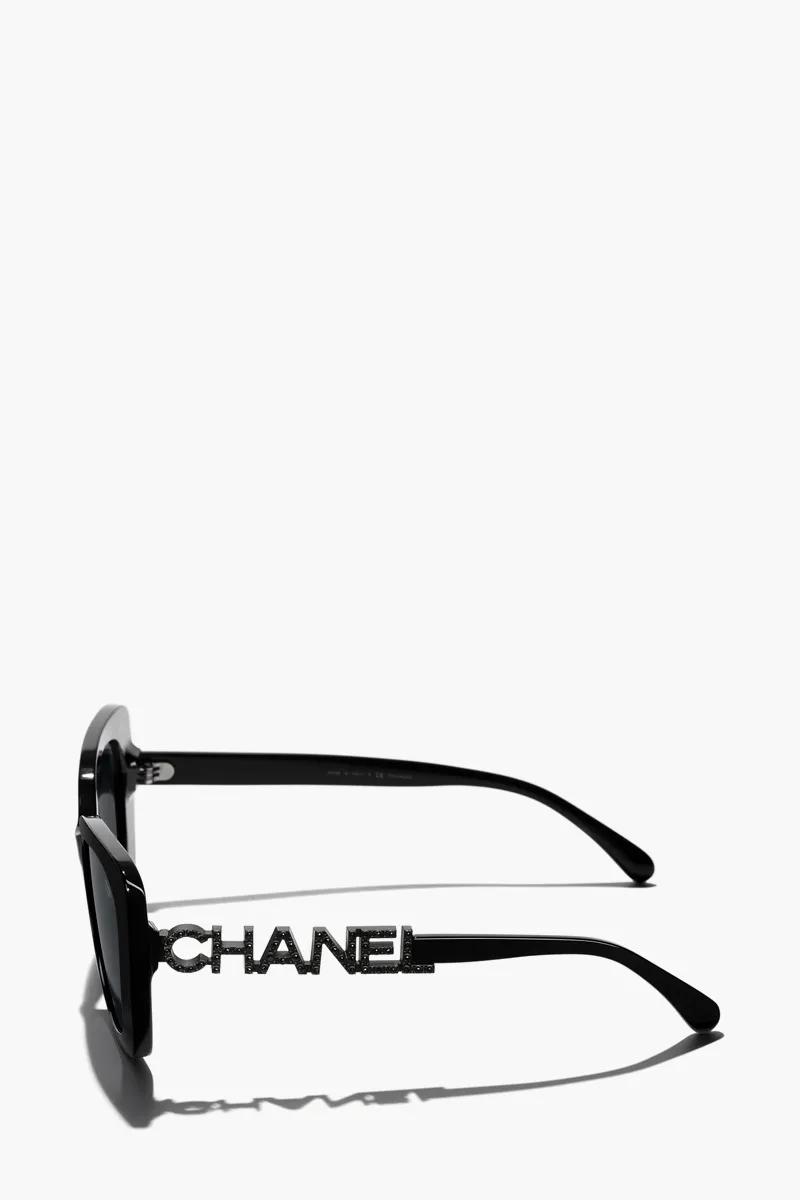 CHANEL Square Sunglasses in Black/Grey/Polarized Acetate with Rhinestone Logo 3