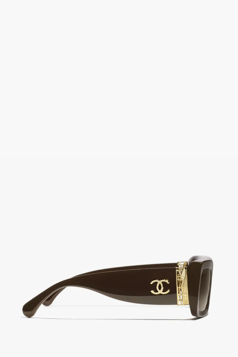 CHANEL Rectangular Sunglasses in Dark Taupe/Brown/Gold Acetate and Metal 1