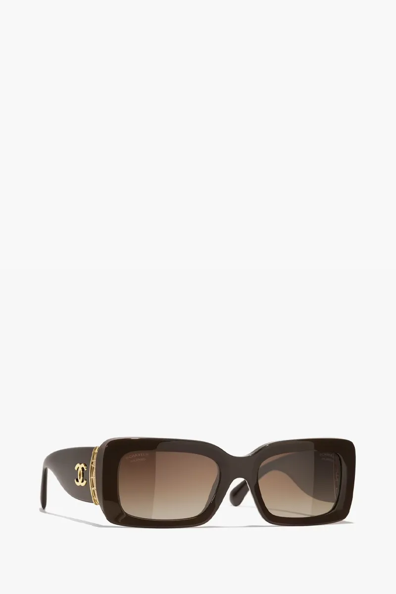 CHANEL Rectangular Sunglasses in Dark Taupe/Brown/Gold Acetate and Metal 2