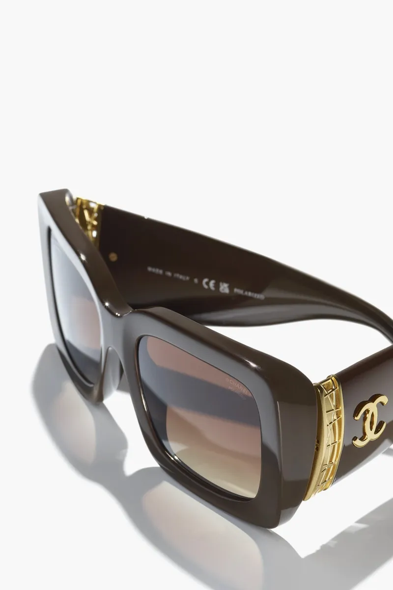 CHANEL Rectangular Sunglasses in Dark Taupe/Brown/Gold Acetate and Metal 3