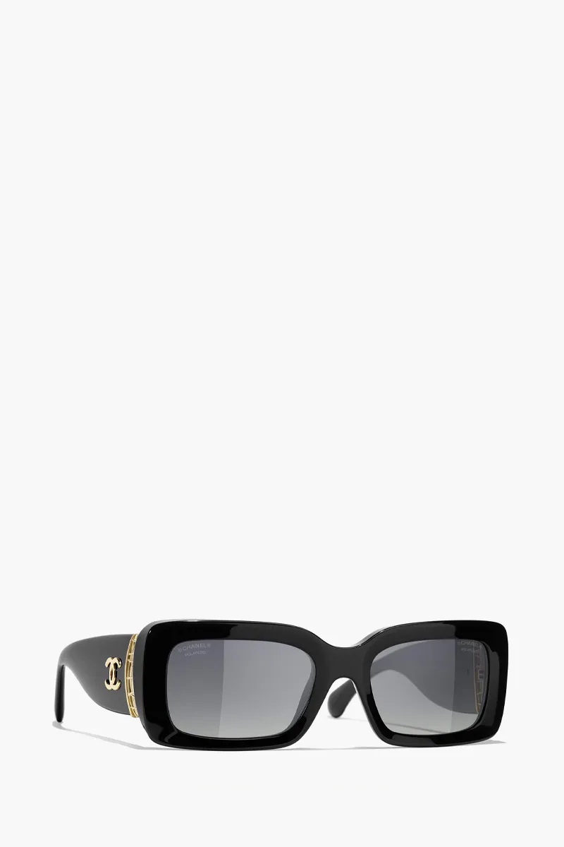 CHANEL Rectangular Sunglasses in Black/Grey/Gold Acetate and Metal 2