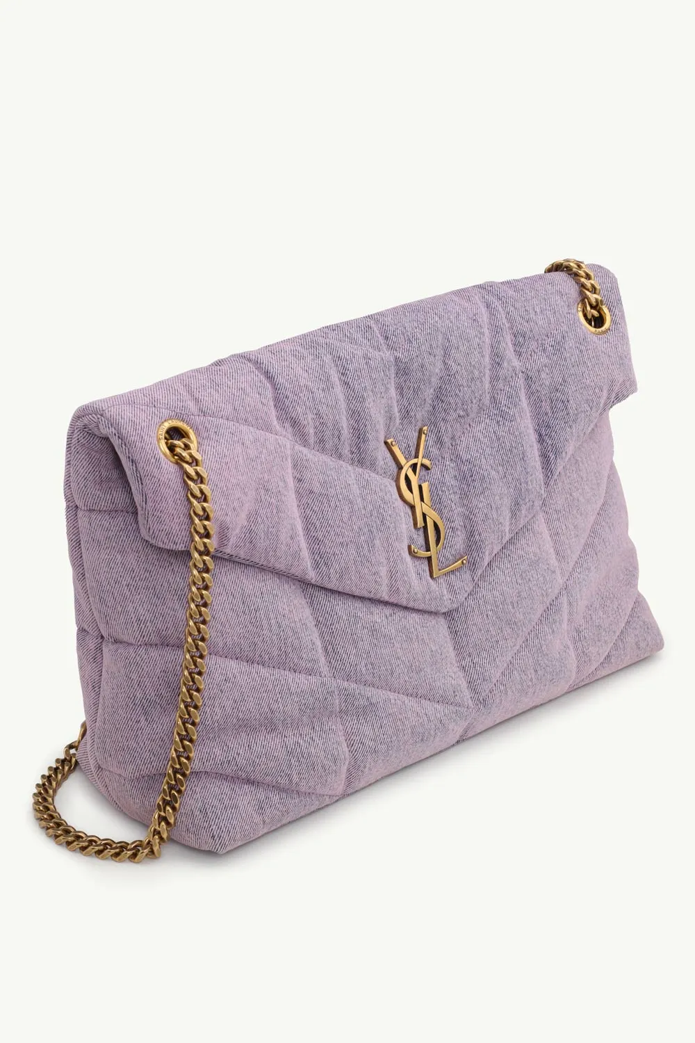 SAINT LAURENT Medium Loulou Puffer Shoulder Bag in Bleached Lilac Denim x Smooth Leather with Bronze Hardware 2