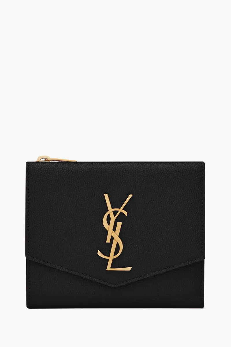 SAINT LAURENT Uptown Compact Wallet in Black Grained Leather GHW 0