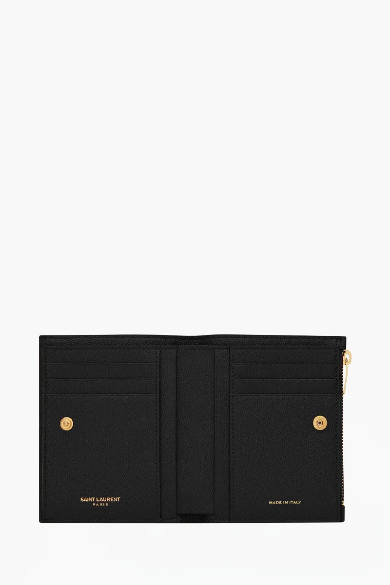 SAINT LAURENT Uptown Compact Wallet in Black Grained Leather GHW 2