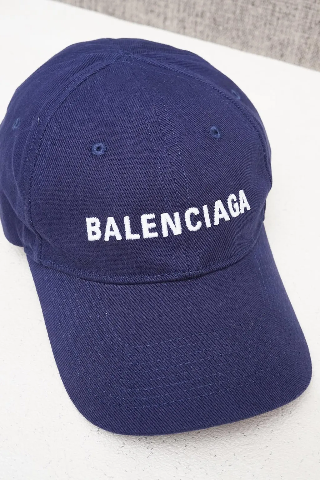 BALENCIAGA Baseball Logo Cap in Navy Blue with White Logo Embroidered 1
