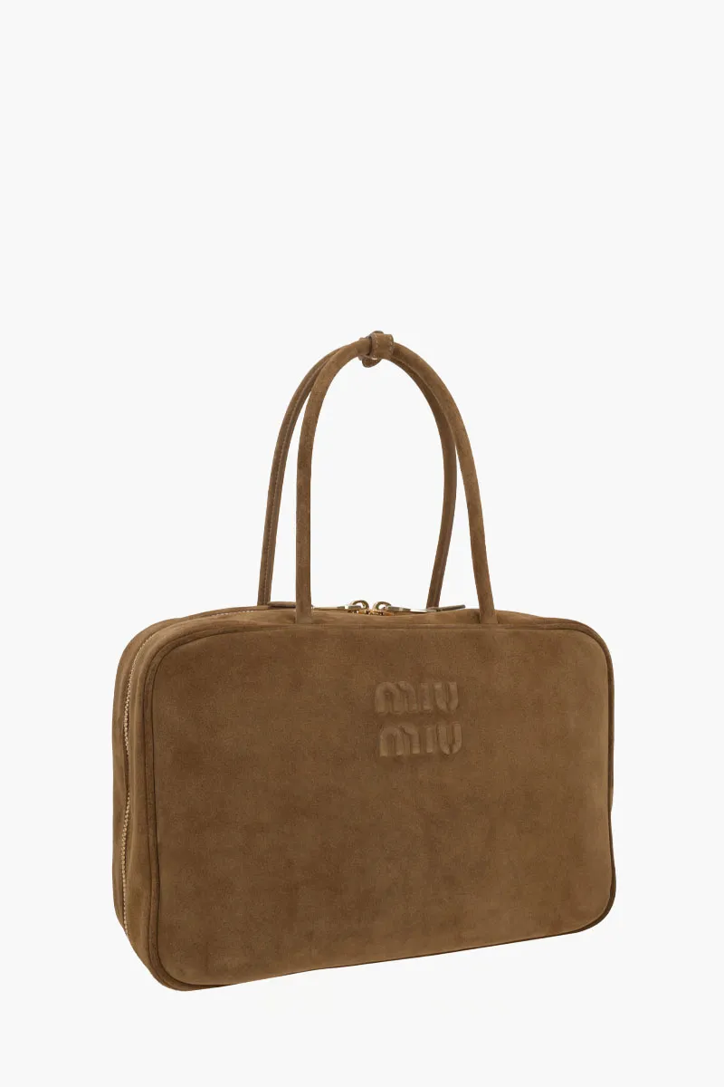MIU MIU Large Beau Top Handle Handbag in Olive Green Suede 1