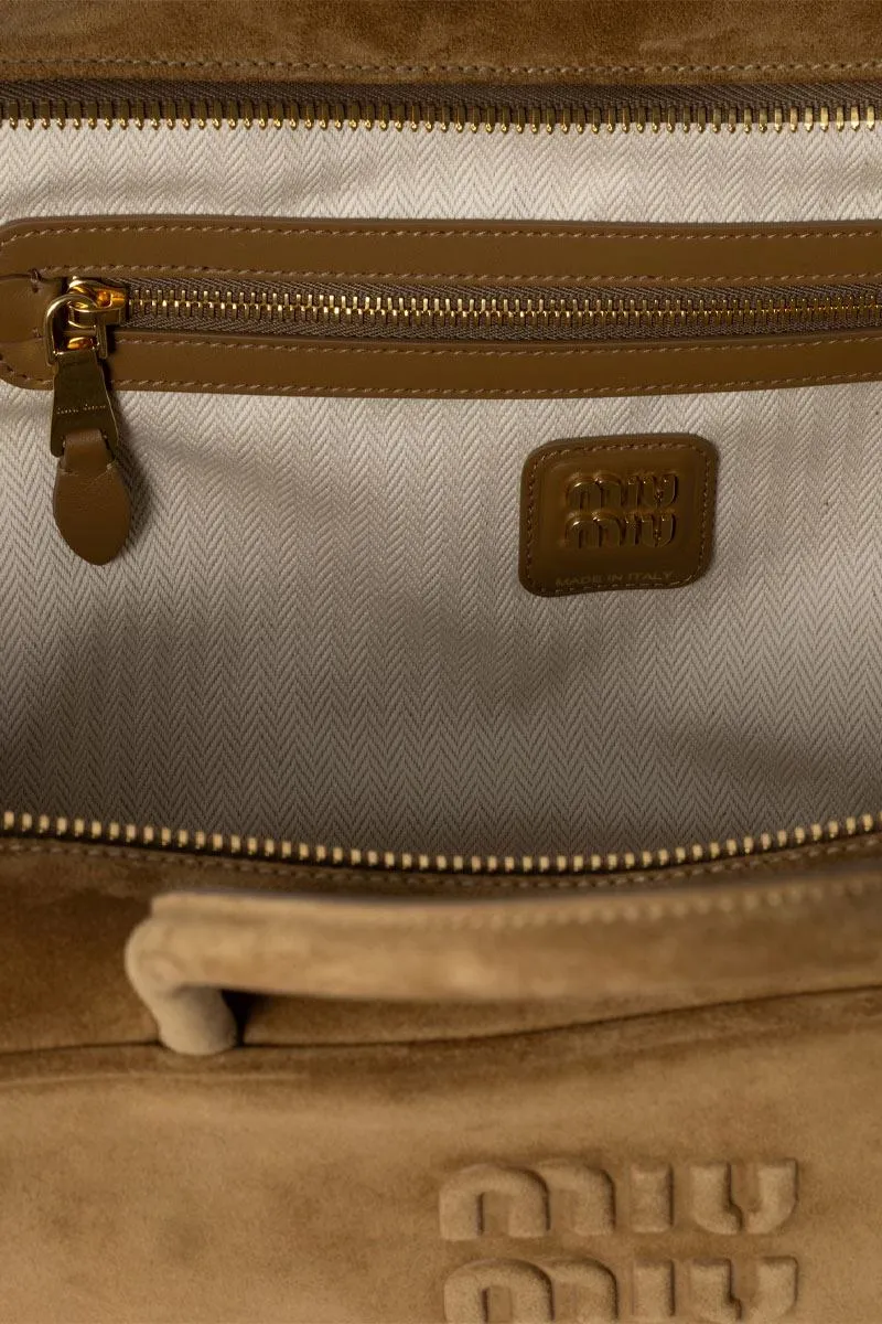 MIU MIU Large Beau Top Handle Handbag in Olive Green Suede 3