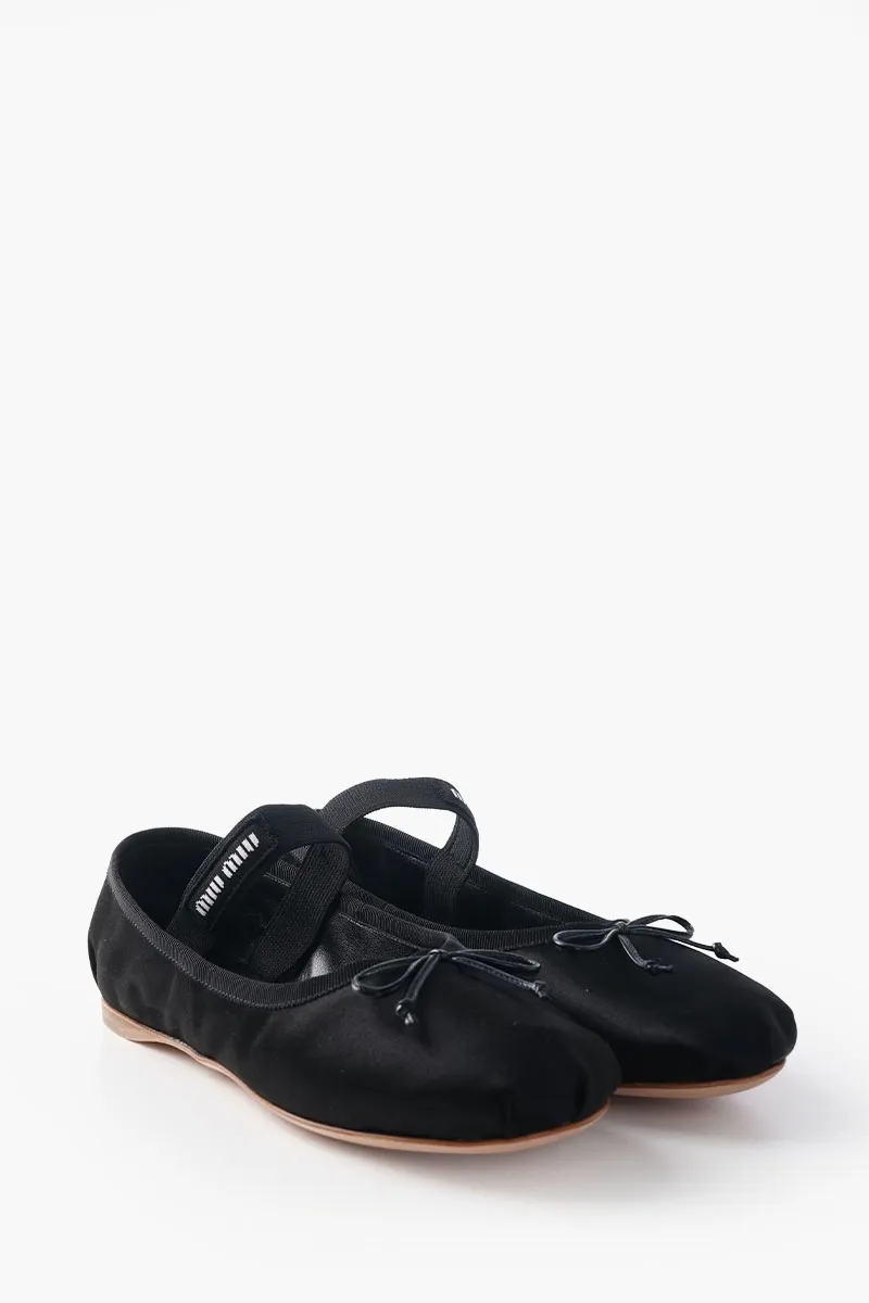 MIU MIU Bow Elastic Band Ballerina in Black Leather with Logo 2