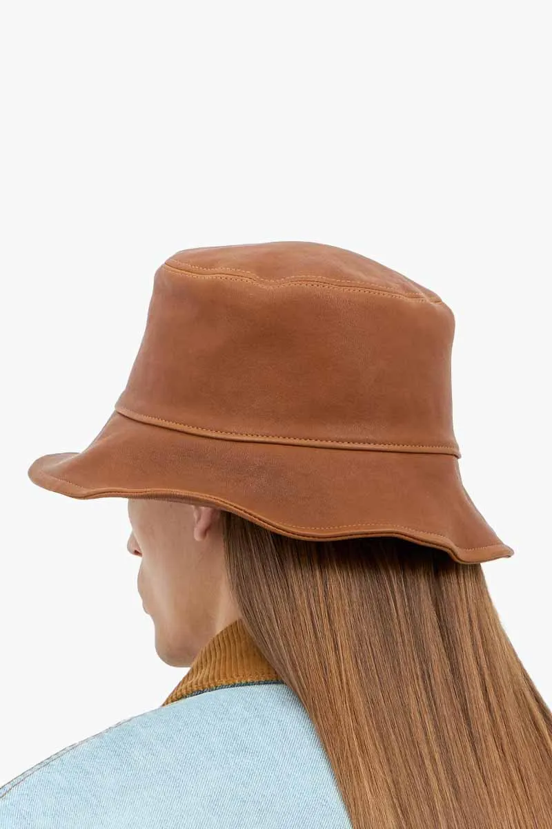 MIU MIU Bucket Hat With Embossed Logo in Caramel Leather 1