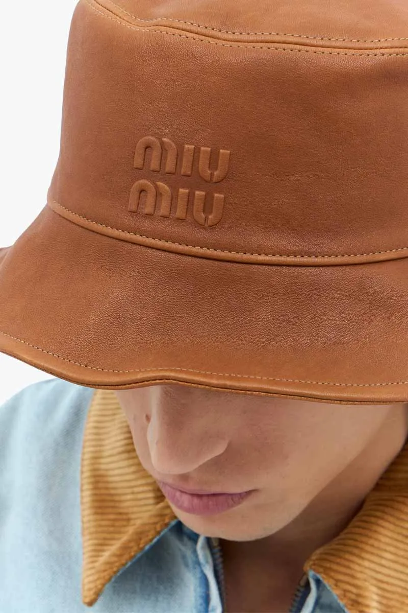 MIU MIU Bucket Hat With Embossed Logo in Caramel Leather 2