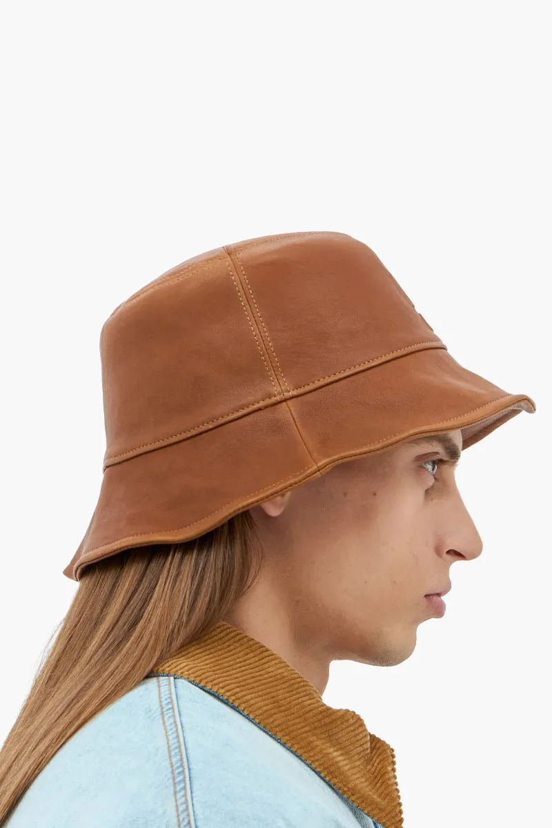 MIU MIU Bucket Hat With Embossed Logo in Caramel Leather 3