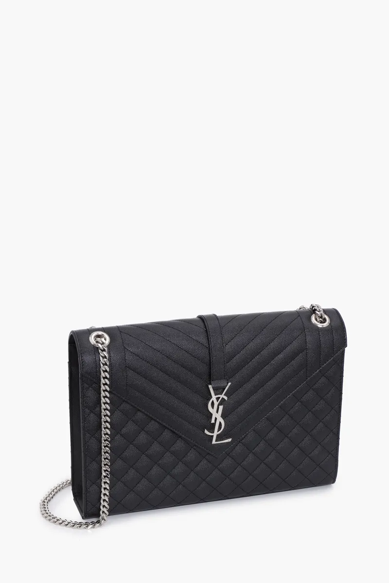 SAINT LAURENT Large Monogramme Envelope Shoulder Bag in Black Caviar Leather SHW 2