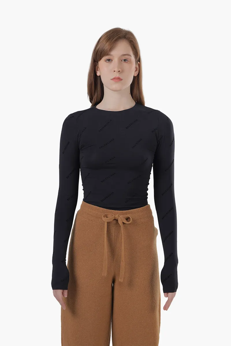 BALENCIAGA Women All Over Logo Flock Top in Black Seamless Technical Fabric 0